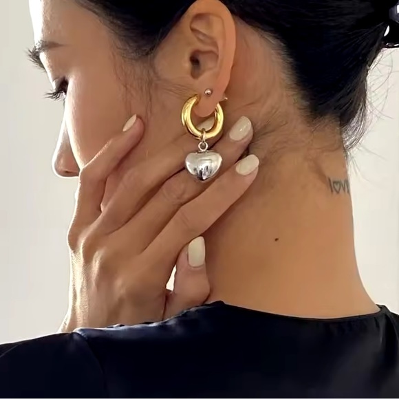 Giulia -Mixed Color Gold And Silver Heart Minimalist Hoop Earrings.Heart Pendant - Picture 3 of 12